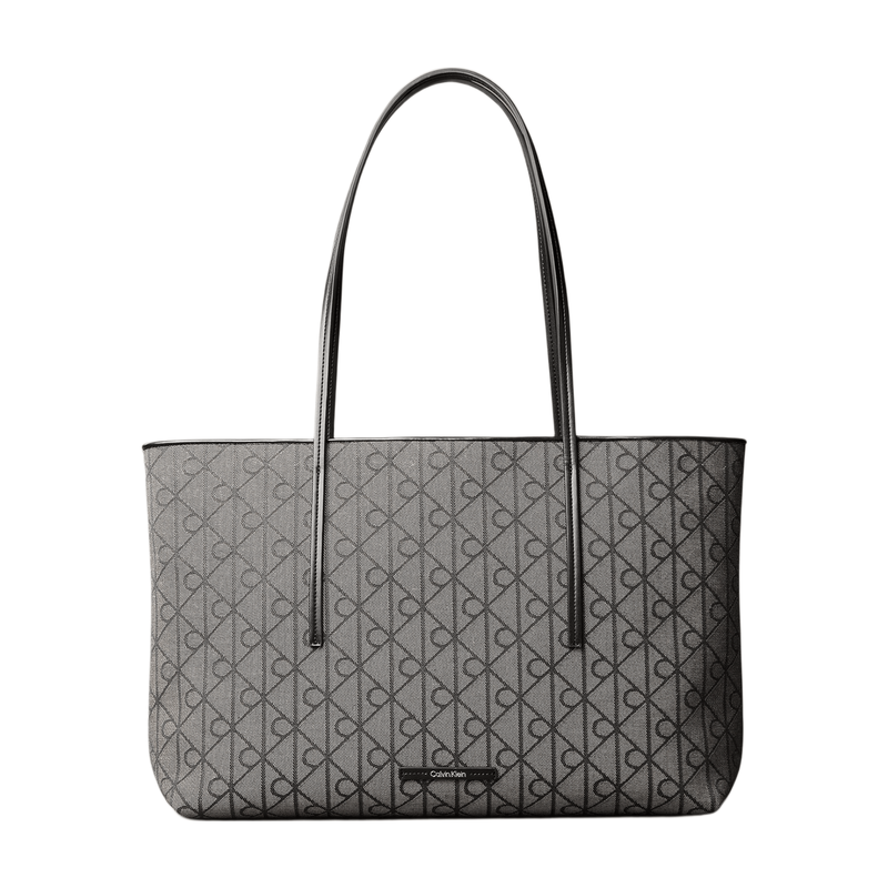 Calvin Klein Emblem Logo Jacquard Tote Bag with Pouch - Lotus Beige/Black Aop Jacquard