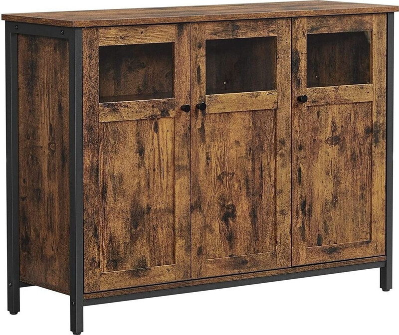 Vasagle Buffetschrank, Sideboard Mit Glastüren, Buffettisch, Für Esszimmer, Wohnzimmer, Küche, Stahlrahmen, Industriestil, Rustikal Braun Und