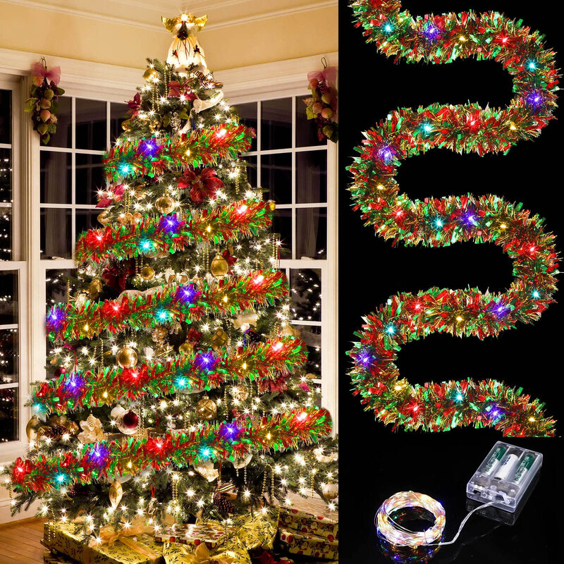 1Pc 16.4Ft/5mChristmas Tinsel Metallic Twist Lighted Garland Hanging for Christmas Tree New Year Home Outdoor Party Decor(Battery not included)