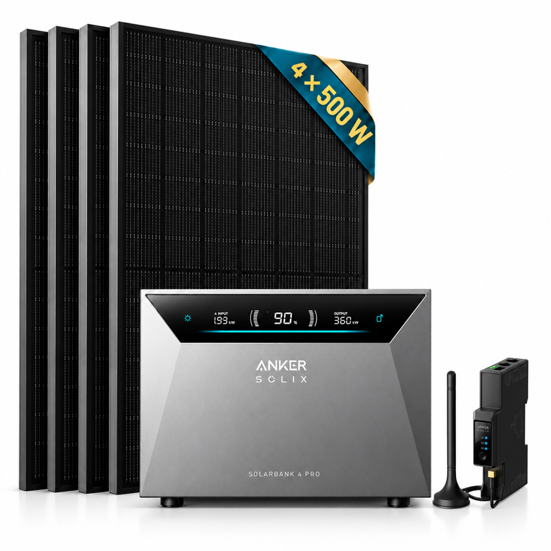 Anker SOLIX Solarbank 4 Pro Bundle mit SKYWORTH 2000 W Solarkit (4 x 500 W Solarmodule) und Anker SOLIX Smart Meter Gen 2