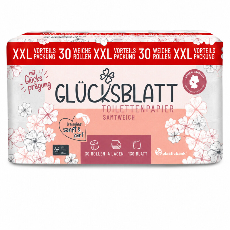 Glücksblatt Toilettenpapier Classic Weiß, 30 Rollen x 130 Blatt, 4-lagig