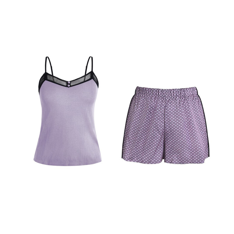 black narrow lace v-neck light purple camisole and shorts set S