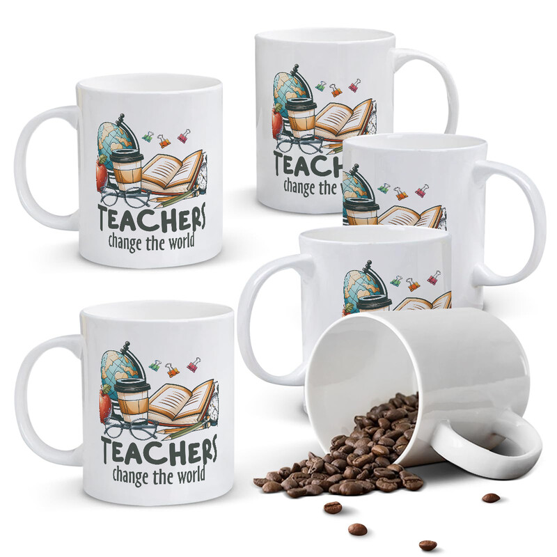 1pc 11oz White Mug with "TEACHERS Change the World" Quote & Educational Icons, Inspir