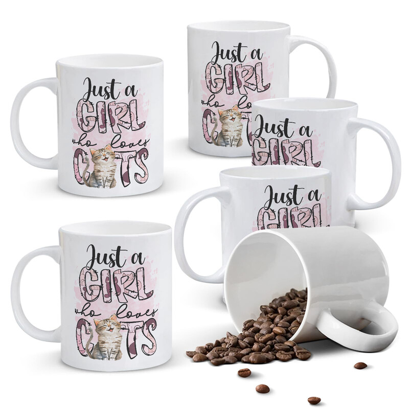 1pc 11oz White Mug with "Just a GIRL Who Loves CATS" Quote & Pink Cat Silhouette Lett