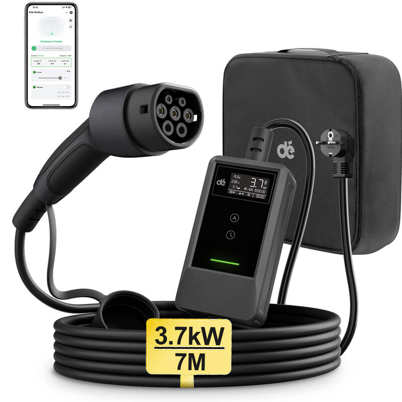 dé Typ 2 Ladekabel mit Schuko-Stecker und App 3,7 kW 7 m Typ 2-Ladekabel, 6–16 A, Einphasig, Ferngesteuertes EV-Ladegerät, 3,7 kW Heim-Ladestation mit LCD-Bildschirm für ID.3/4/5/7, Model Y/3, ENYAQ und andere PHEVs/EVs