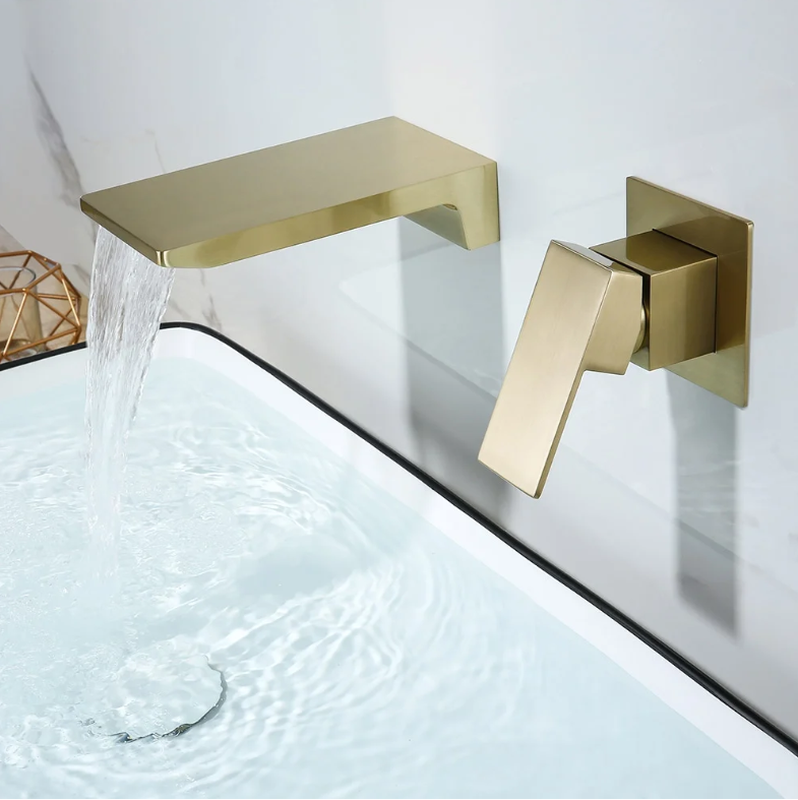 Waterfall Wall Mounted Brushed Gold Bathroom Basin Tap Single Lever Handle