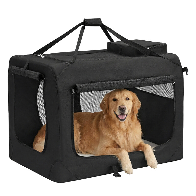 Ochama Schwarze faltbare Haustier-Transportbox mit weichen Seitenwänden – Tragbar für Hunde & Katzen, 102 x 69 x 69 cm, atmungsaktives Netzgewebe, Griffe & Staufächer – Ideale Reisebox für den Auto