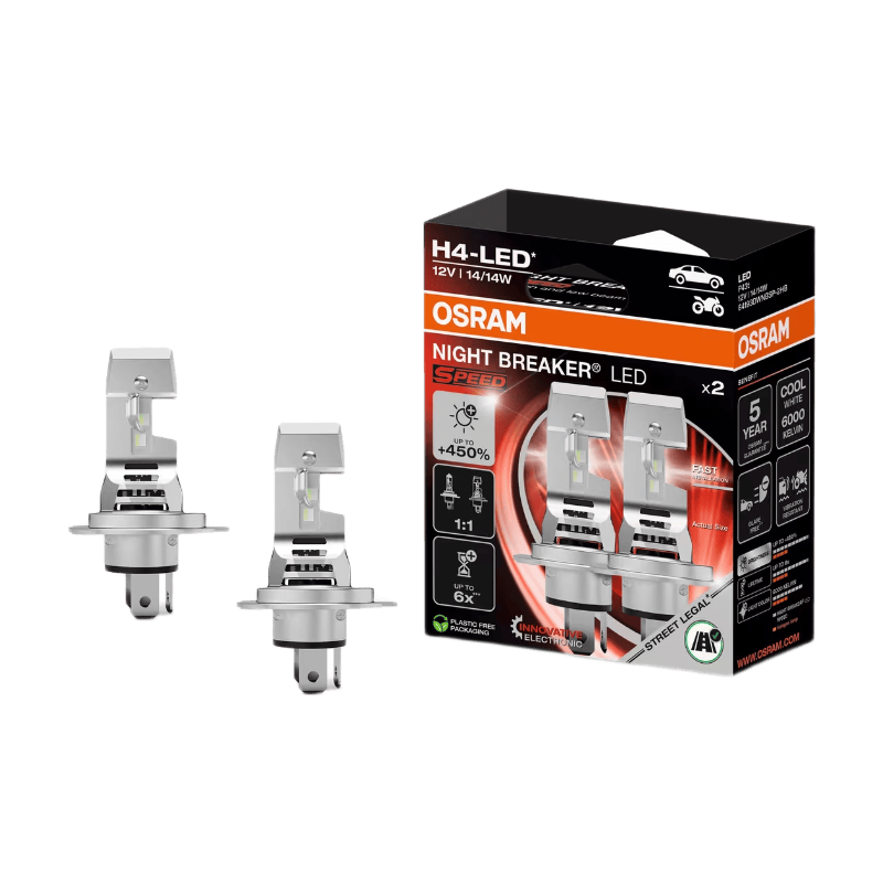 OSRAM NIGHT BREAKER LED SPEED H4, 450% meer licht, 6000K, 12 V, met wegtoelating, snelle installatie, geen mechanische accessoires nodig