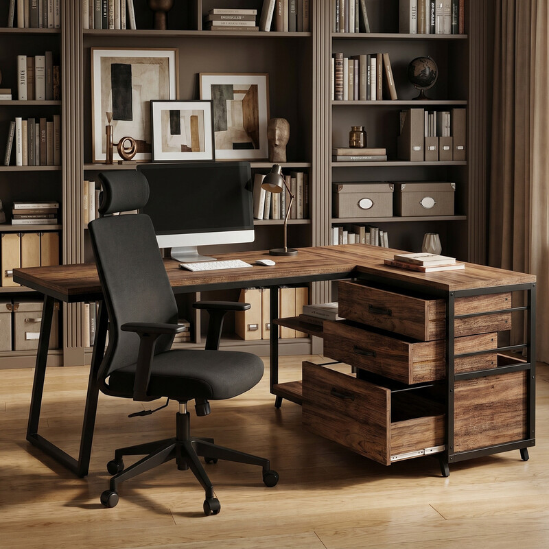 Industrieller Schreibtisch, L-förmiger Computertisch mit 3 Schubladen, umkehrbarer Eckschreibtisch mit Regalen, 135 x 100 cm PC-Tisch, Arbeitszimmer, Arbeitsplatz für kleine Räume