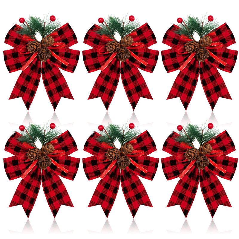 6 Pcs 5.9in/15cm Christmas Bows with Pine Cones Pine Needles Xmas Velvet Bows Ribbon Christmas Tree Wreath Decoration for Xmas Parties Indoor Outdoor Crafts DIY Decor(red&black)