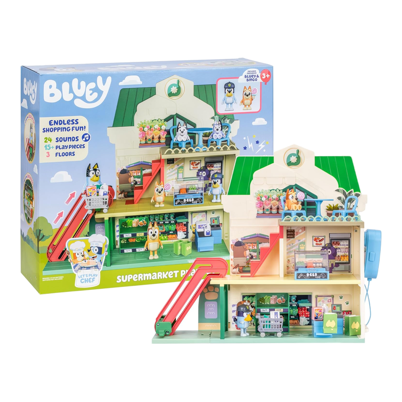 Bluey Supermarkt-Spielset mit 3 Ebenen, exklusiven Figuren & Soundeffekten für kreative Rollenspiele in der Spielküche