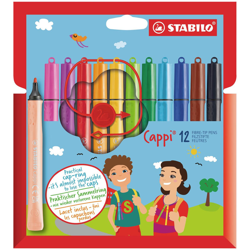STABILO Cappi - Viltstift met dopring - Set van 12 - Assorti kleuren met 1 dopring
