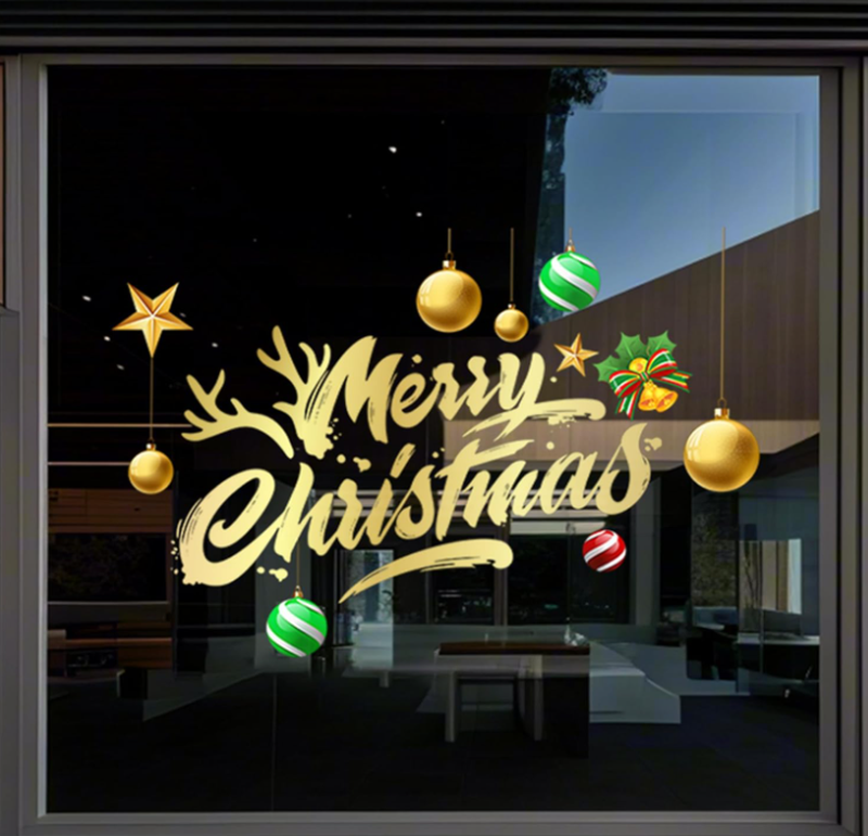 JU7CER Large Christmas Happy Window Stickers Decoration - Golden Balls and Letter Design, Holiday Window Decoration, Reusable Christmas Window Decoration (Merry Christmas)