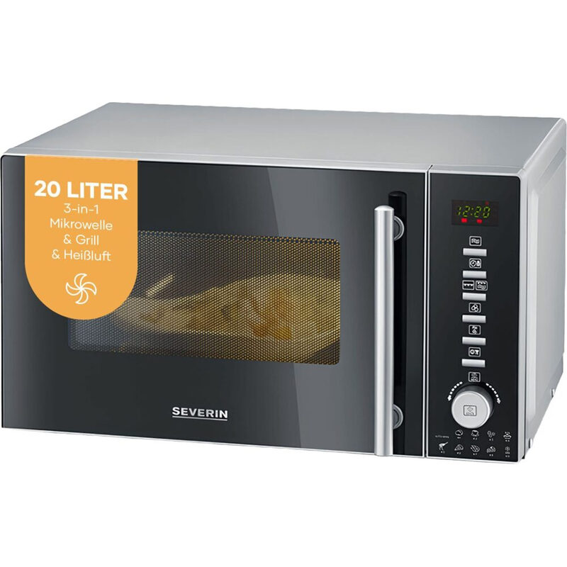 Severin 3-in-1 Mikrowelle mit Grill- und Heißluftfunktion, Minibackofen mit 10 Leistungsstufen, Multifunktionale Mikrowelle mit Drehteller und Grillrost, Schwarz/Silber, MW 7773