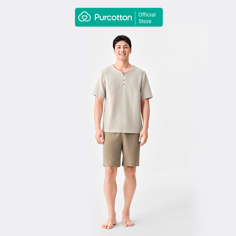 Purcotton Men's AirySoft Gauze Loungewear Set - Lightweight & Fluffy - Breathable & Skin-Friendly - Comfortable at Home - Grey Off-White - Top: 185/104A; Bottom: 185/92A