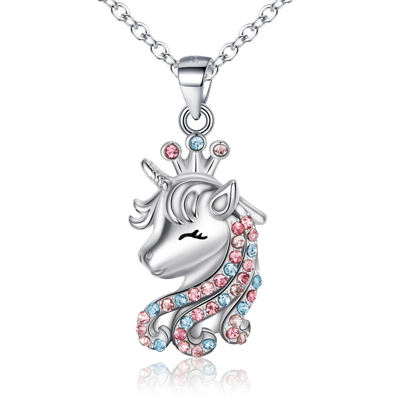 Rainbow Lucky Unicorn Pendant Necklace with Cubic Zirconia