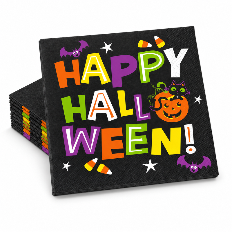Happy Halloween Cat and Pumpkin Lunch Napkins, Pack of 16