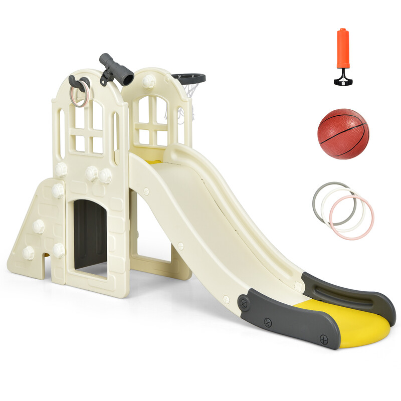 Grand toboggan 6-en-1 avec panier de basket, pour aires de jeux intérieures et extérieures - Jaune