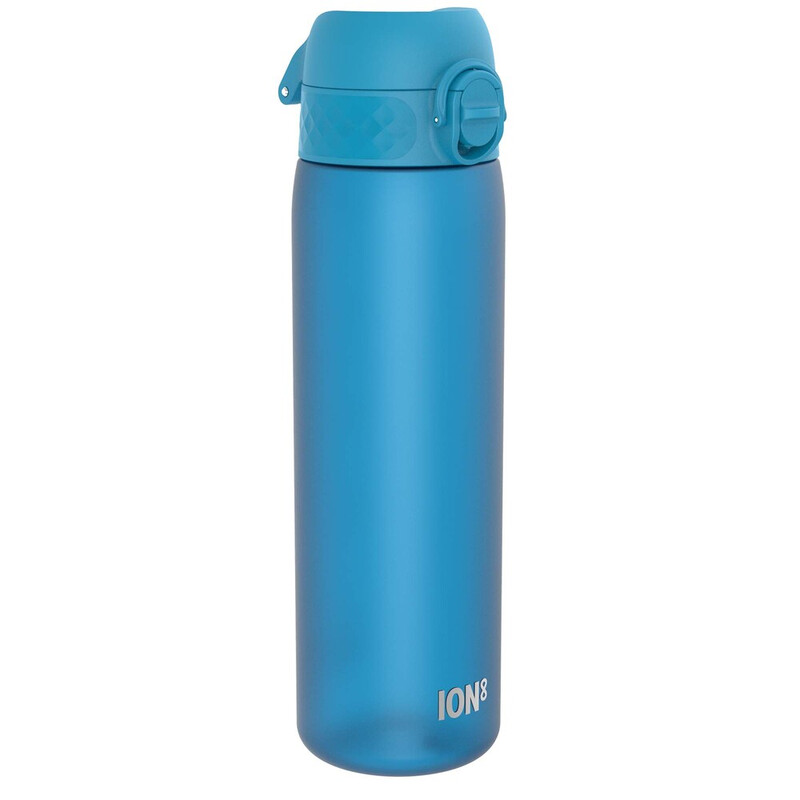 ION8 waterfles, 500 ml/18 oz, lekvrij, eenvoudig te openen, veilige vergrendeling, vaatwasserbestendig, BPA-vrij, hygiënische flip-dop, draaggreep, past in bekerhouders, eenvoudig te reinigen, CO₂-neutraal, blauw