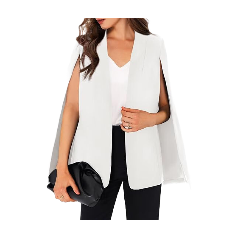 Women's CAPE Blazer Split Sleeve Open Front Lightweight Office Jacket Workwear (white