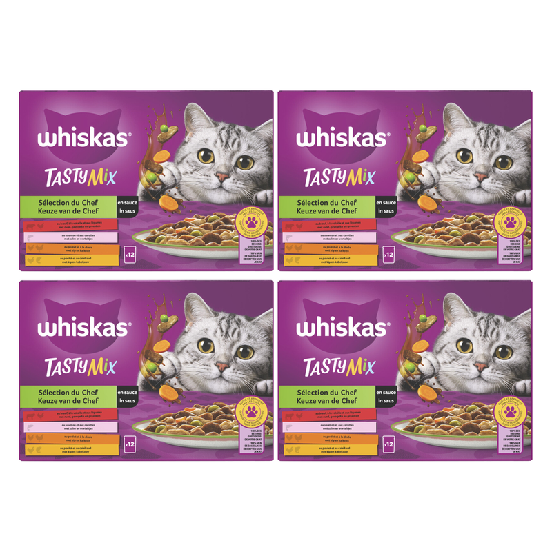Whiskas Nourriture humide pour chats adultes Mélange savoureux en sauce 1+*4