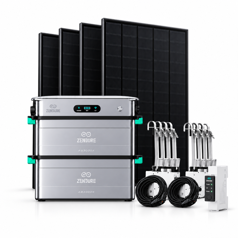Zendure SolarFlow 2400 AC-Bundle mit 2 x AB3000X Erweiterungsbatterien (5,76 kWh), Smart Meter 3CT-S, SKYWORTH 1800 W Solarkit (4 x 450 W …