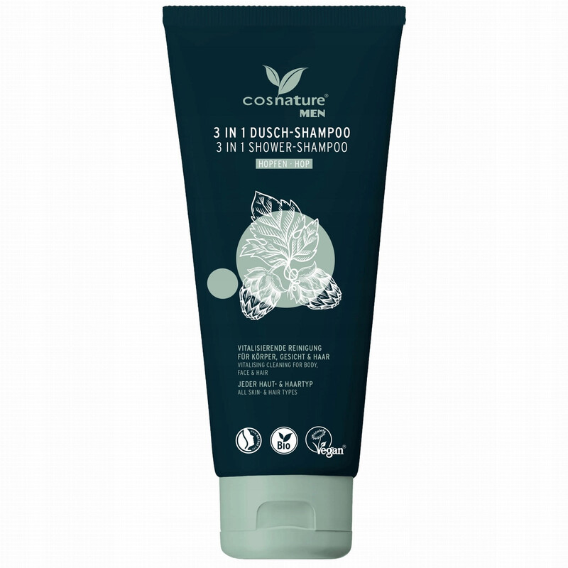 COSNATURE – 3 In 1 Dusch-Shampoo Hopfen 200ml – Für Körper, Gesicht & Haare – Duftstofffrei – NATRUE & Vegan Zertifiziert