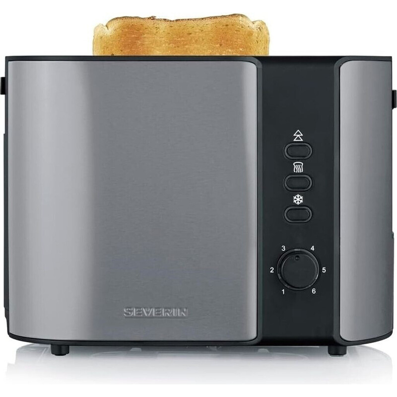 Severin AT 9573 Toaster, 2 Scheiben, 800 W, wärmeisoliertes Edelstahlgehäuse, Brotscheibenzentrierung, Brötchenaufsatz, Auftau- und Aufwärmfunktionen, herausnehmbare Krümelschublade, Anthrazit