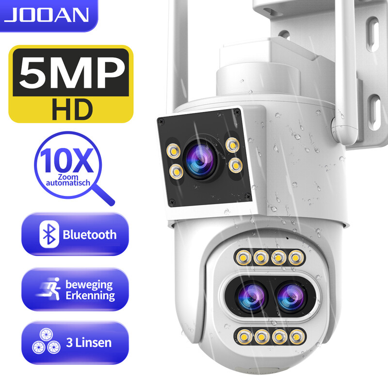 JOOAN Outdoor Security Camera 2K Triple Lens 2 View 10x optische Zoom Home Surveillance IP Cam 360°PTZ 2.4 G WiFi bedraad IP66 waterdicht bewegingsalarm, 8-256g kaart / cloudopslag, Sirene Alarm