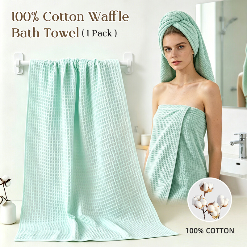 LEBONSOIR 1PC Bath Towel, 100% Cotton, Soft & Quick Drying - Waffle Structure, Very Large - 70 x 140 cm, Modern, High-Quality Design, Light Blue