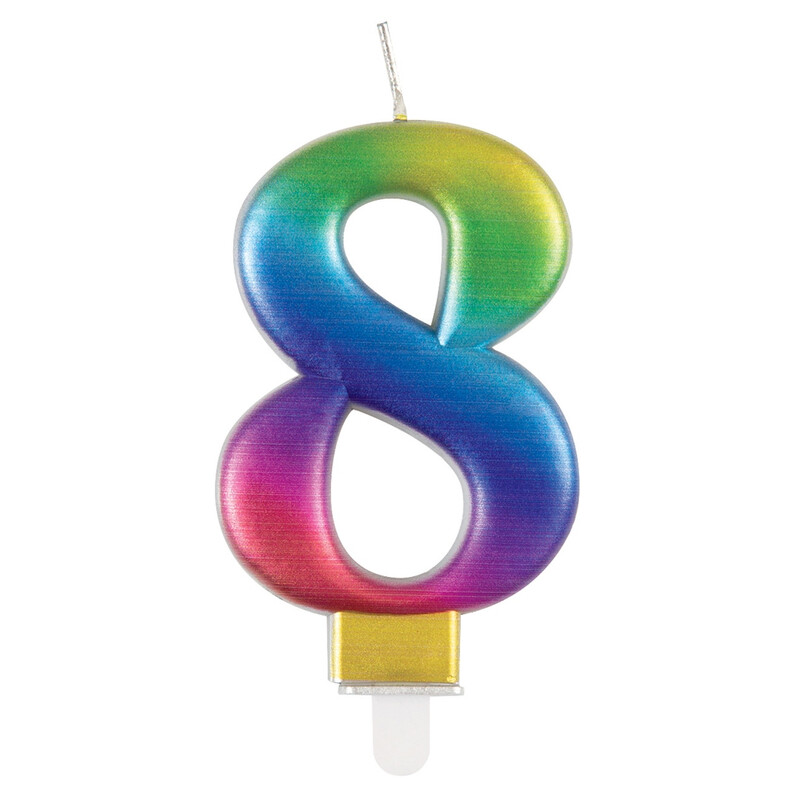 Unique Metallic Number 8 Candle, Rainbow