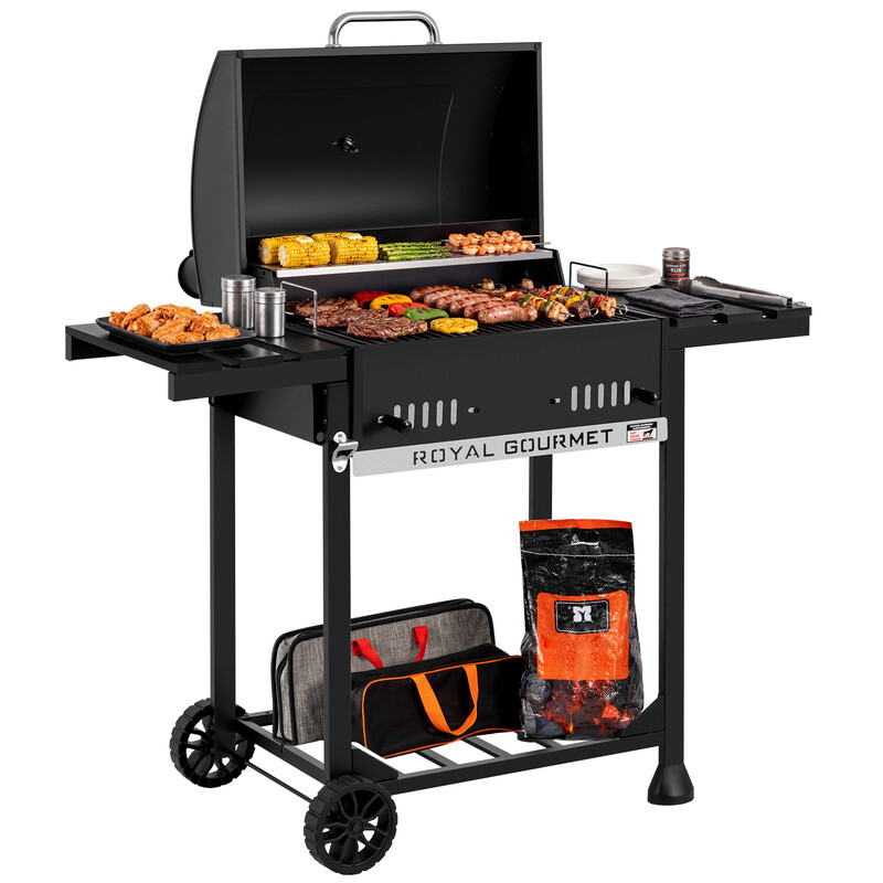 Holzkohlegrill und Smoker, Outdoor-Grillwagen mit klappbaren Seitenschalen, Deckel mit integriertem Thermometer, verstellbare Lüftungsschlitze, tragbarer Grillständer