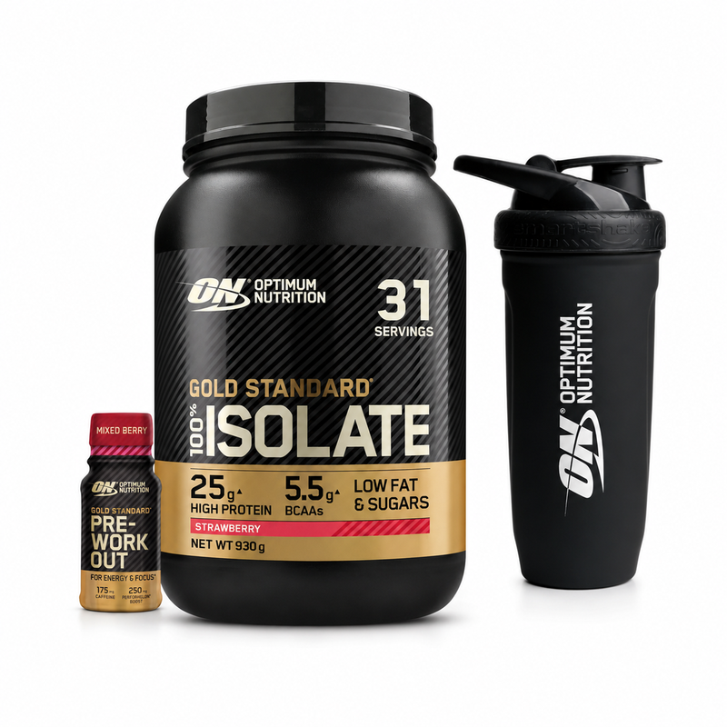 Gold Standard Isolate (31 porties) x Smartshake (900 ml) x Pre-Workout Shot (60 ml)
