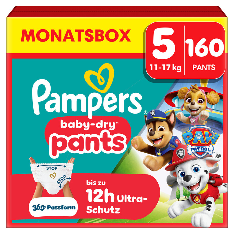 Baby-Dry Pants Paw Patrol Edition Größe 5, 160 Windeln, 11kg-17kg, 360° Passform mit Stop & Schutz System von Pampers – Produktfoto