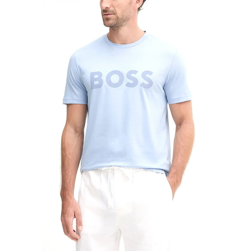 ‎Boss Boss Cotton-Jersey T-Shirt With Large Logo Print - Light/Pastel Blue