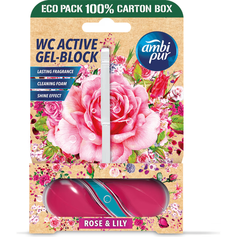 Ambi Pur gel toiletblok roos & lelie startkit 45 g 8 stuks per doos