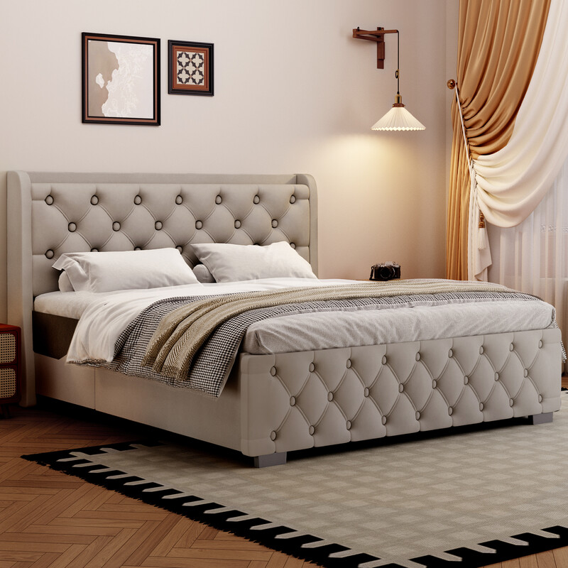 GTIMEX Gepolstertes Doppelbett 140 × 200 cm, Statische Belastbarkeit: 390 kg, mit LED-Licht und Ladesteckdose, Hydraulisches Aufbewahrungsbett (680 Liter Stauraum, Metallgestell und Massivholz-Lattenrost, Leises Design, USB-Anschluss/Doppelsteckdose, Aufl