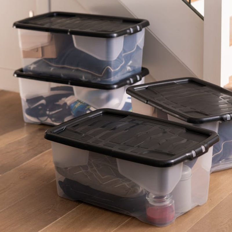 Strata Black Curve Storage Box & Lid 42L Clear/ - Pack Of 4