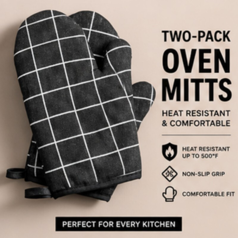 WhereHike 2pcs Oven Gloves, Heat-Insulating Household Gloves, Cotton Inner Lining, Reusable, Suitable for Cooking, Baking and Barbecuing,Black Grid