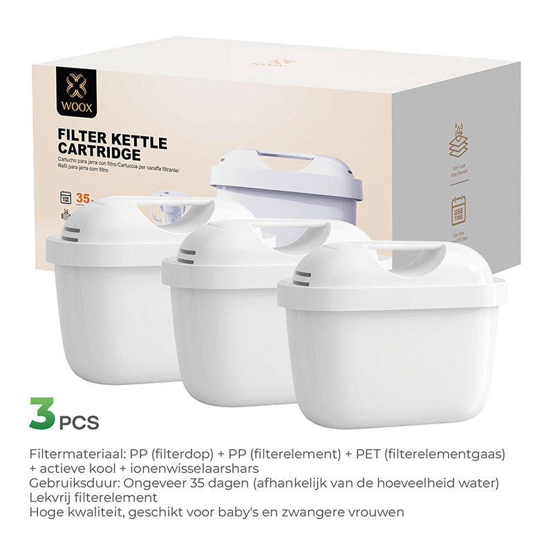 WOOX MX0201 Filterpatroon voor kan, gebruikstijd ongeveer 35 dagen, filterelement met actieve kool en ionenuitwisselingshars.