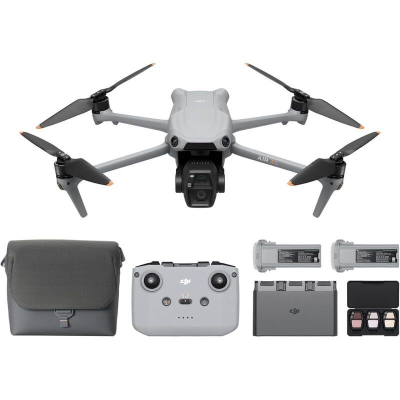 【Terug-naar-school】DJI Air 3S Fly More Combo (RC-N3), drone met 1" CMOS-groothoek- en medium telecamera, 4K/60fps HDR-video, omnidirectionele obstakeldetectie voor nachtlandschappen en 3 accu's voor langere vluchttijd