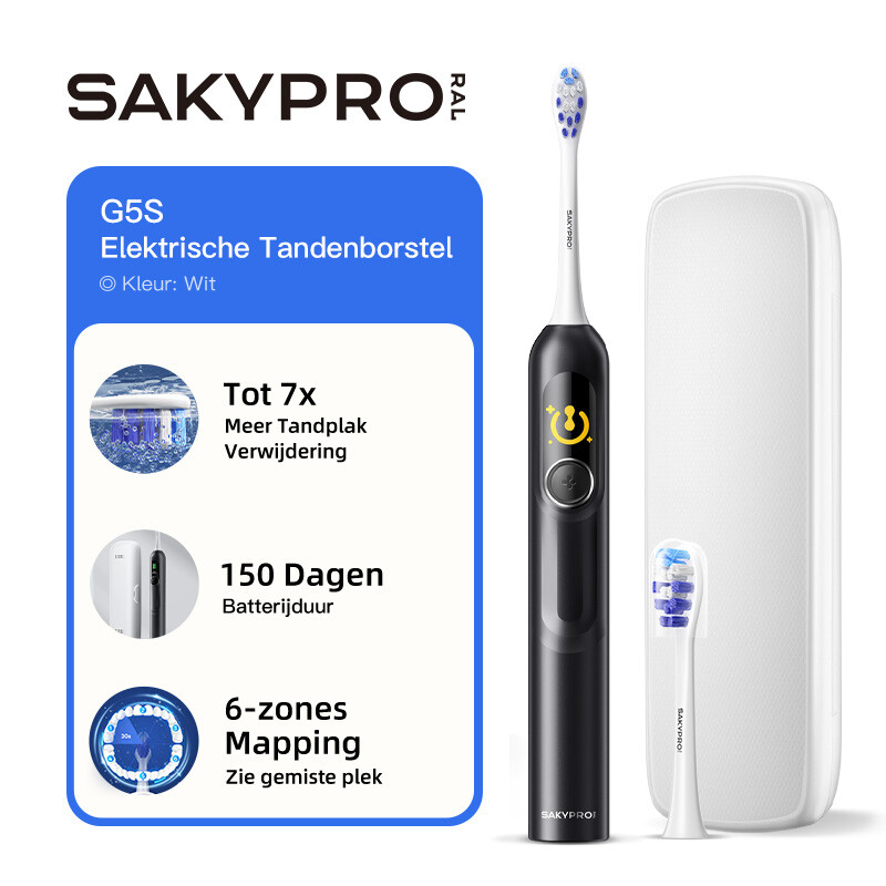 SAKYPRORAL AI Elektrische Tandenborstel met Slim Display voor Volwassenen & Kinderen | 150 Dagen Oplaadbaar, Real-Time Kaart | 3 Min Timer, Reisetui | Sonic Tandenborstel Cadeau voor Tieners (G5S Zwart)