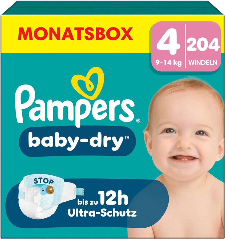 Pampers Baby Dry Größe 4 Maxi 9-14kg Monatsbox 204 Stück