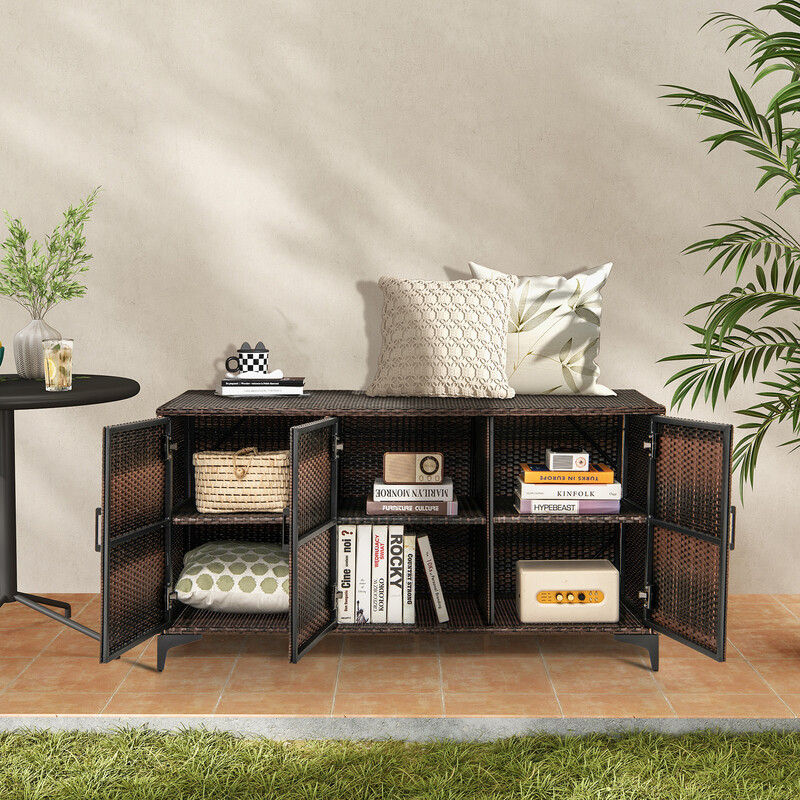 Costway 318 L Patio Wicker Storage Cabinet Deck Box with Removable Shelves-Brown