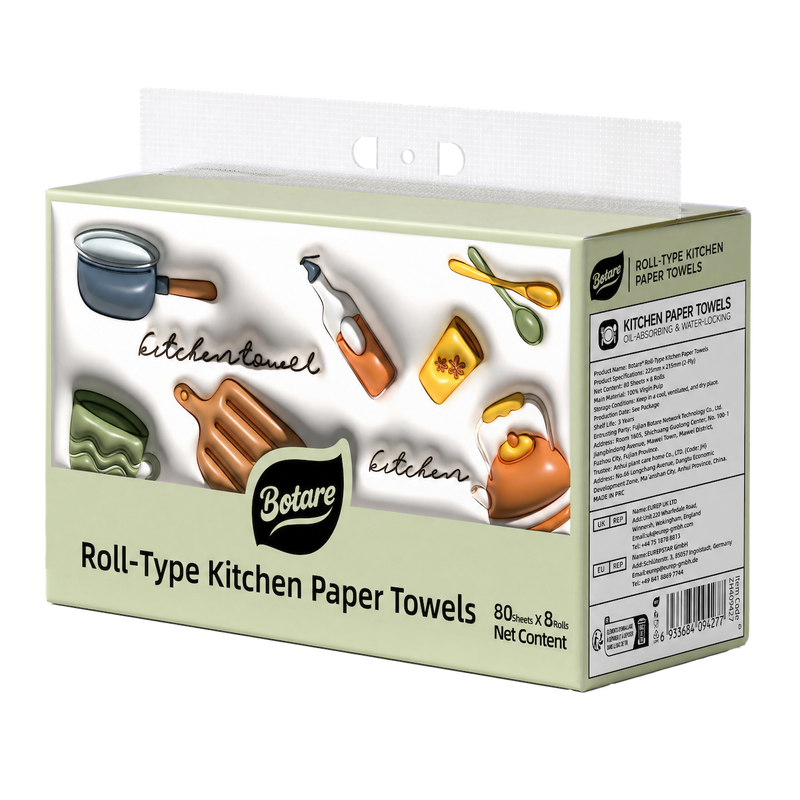 BOTARE Küchenpapier, 640 Blatt (8 Rollen, 80 Blatt pro Rolle), 100 % Naturpulpe, Dick, reißfest und stark saugfähig für Öl und Wasser, für Küchenreinigung und Haushaltsgebrauch