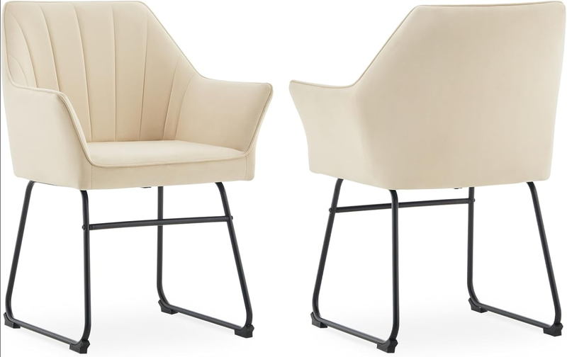 Set of 2 Velvet Dining Chairs, Modern Kitchen Upholstered Armchairs with Metal Legs & Backrest, Ergonomic Seat Cream