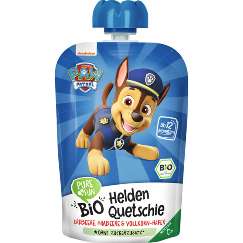 Pure&Fun Bio Helden Quetschie blau, Erdbeere, Himbeere, Vollkorn-Hafer ab 12 Monaten