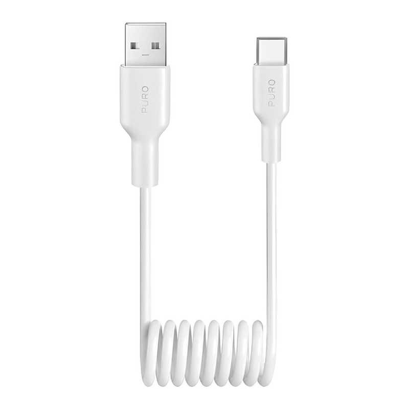 PURO 10 W USB-A-auf-USB-C-Spiralkabel 1 m - Weiß, strapazierfähiges TPU, verhedderungsfreies Design, verstärkte Enden