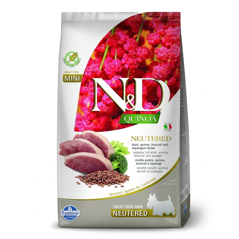 Farmina Quinoa Formel (für kastrierte Hunde, Ente, Brokkoli und Spargel) Adult Hundefutter (Miniatur) 2.5 kg