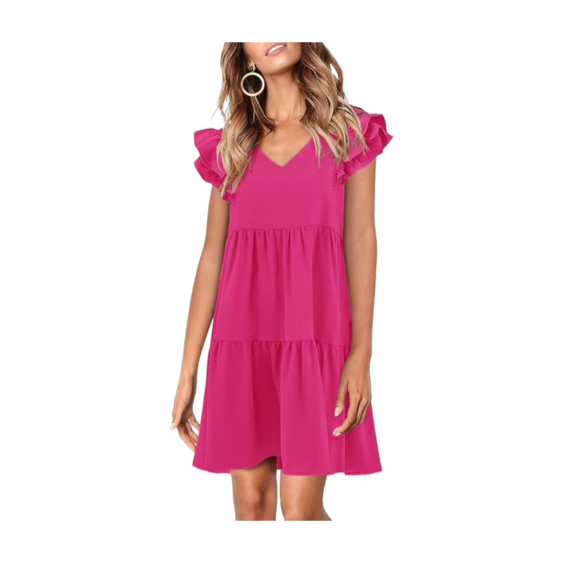 Summer Babydoll Dresses for Women 2025 Cute Ruffle Cap Sleeve V-Neck Flowy Swing Mini